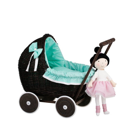 Lili wicker doll stroller with mint trim, blanket, and pillow