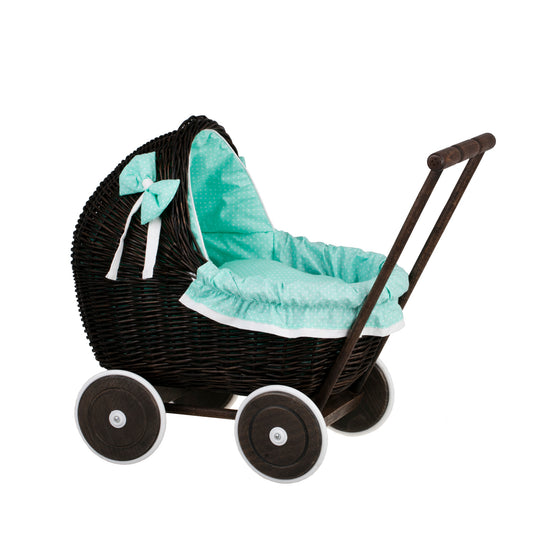 Lili wicker doll stroller with mint trim, blanket, and pillow