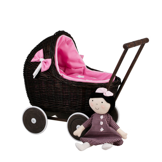 Lili wicker doll stroller with pink trim, blanket, and pillow