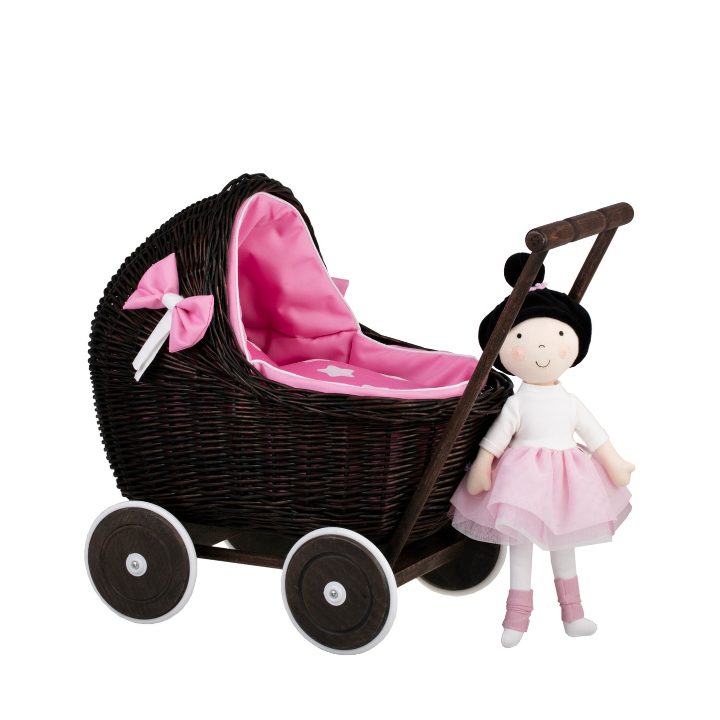 Lili wicker doll stroller with pink trim, blanket, and pillow
