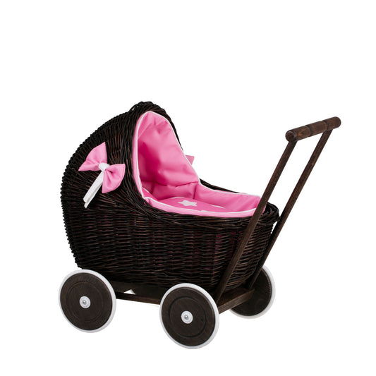 Lili wicker doll stroller with pink trim, blanket, and pillow