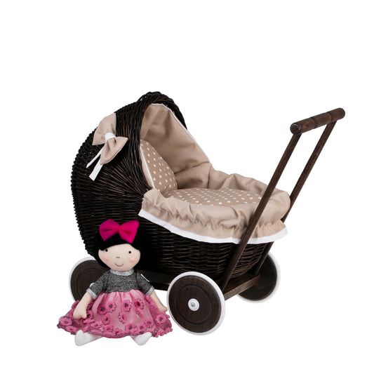Lili wicker doll stroller with beige trim, blanket, and pillow