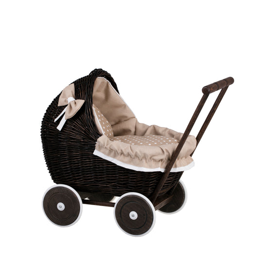 Lili wicker doll stroller with beige trim, blanket, and pillow