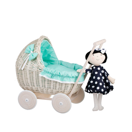 Lili wicker doll stroller with mint trim, blanket, and pillow