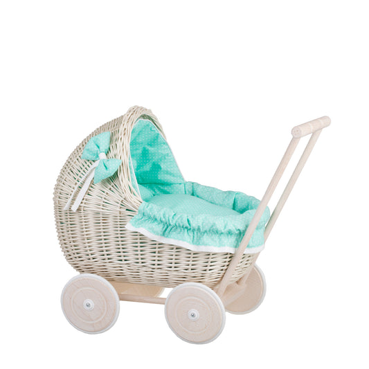 Lili wicker doll stroller with mint trim, blanket, and pillow