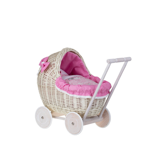Lili wicker doll stroller with pink trim, blanket, and pillow