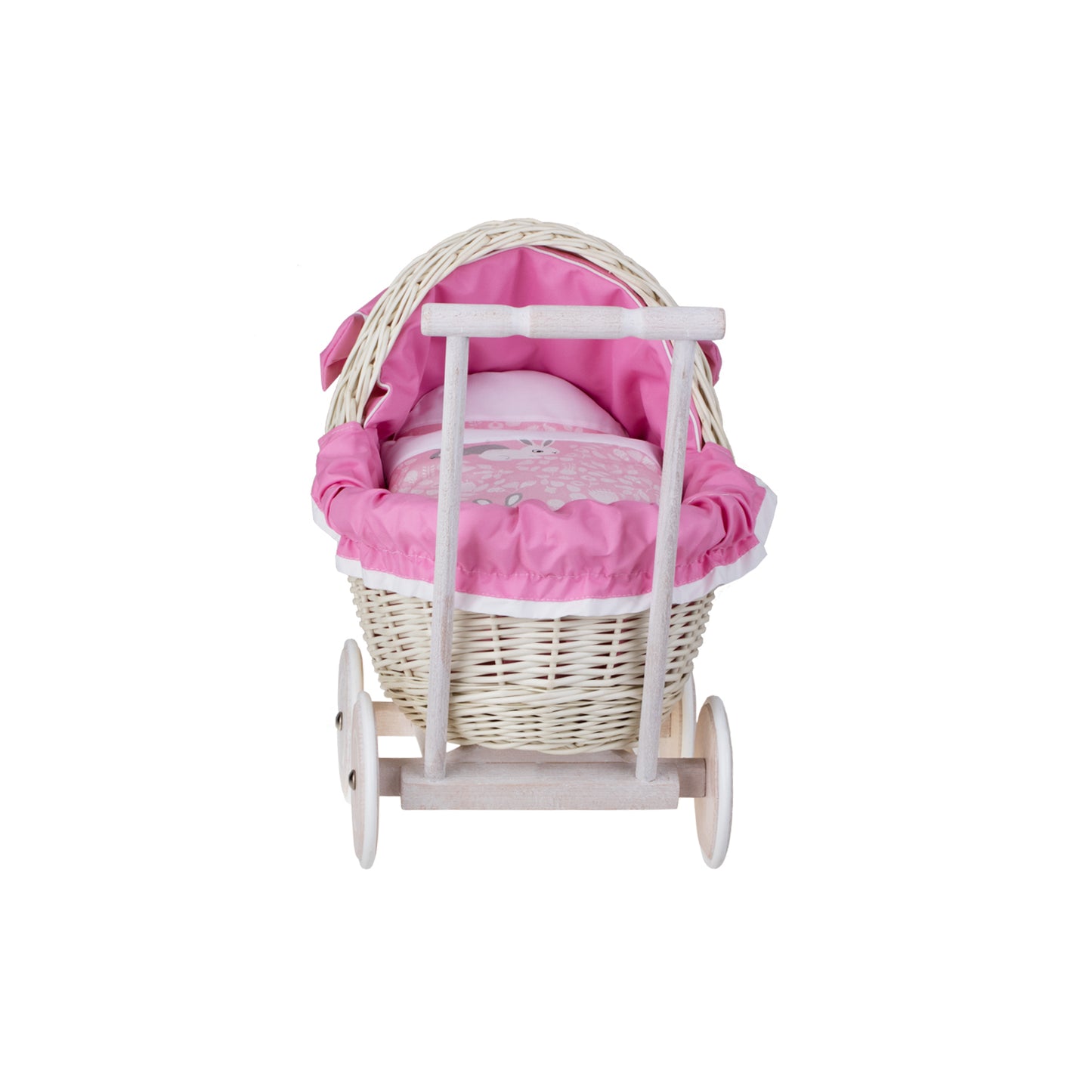 Lili wicker doll stroller with pink trim, blanket, and pillow