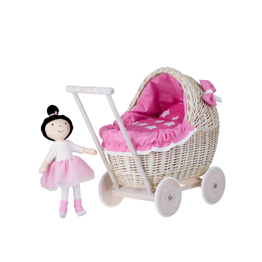 Lili wicker doll stroller with pink trim, blanket, and pillow