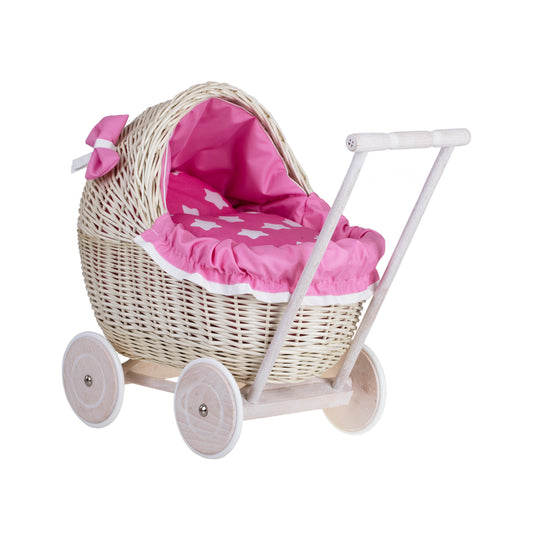 Lili wicker doll stroller with pink trim, blanket, and pillow