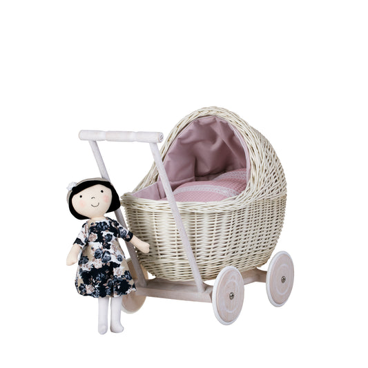 Lili wicker doll stroller with pink trim, blanket, and pillow