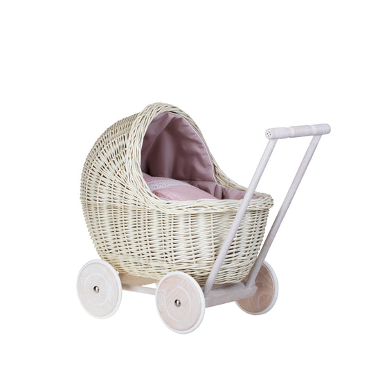 Lili wicker doll stroller with pink trim, blanket, and pillow