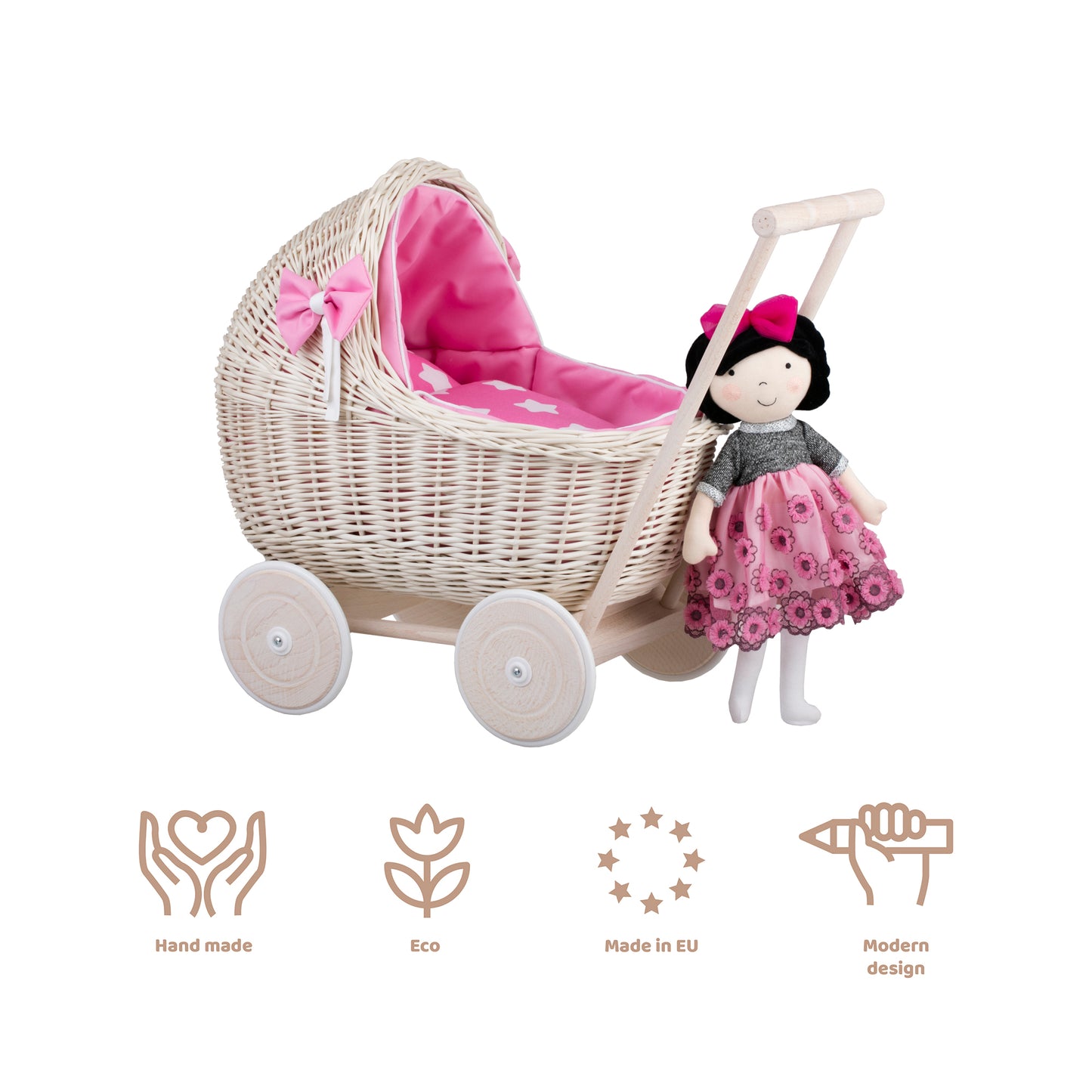 Lili wicker doll stroller with pink trim, blanket, and pillow