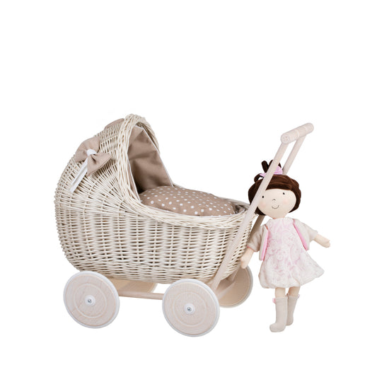 Lili wicker doll stroller with beige trim, blanket, and pillow