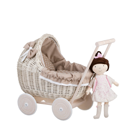 Lili wicker doll stroller with beige trim, blanket, and pillow