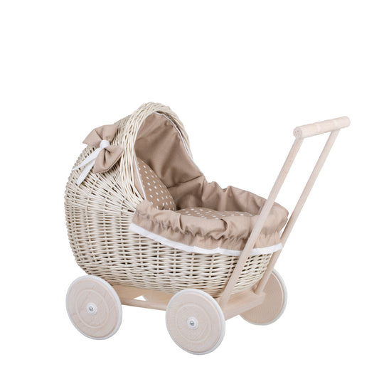 Lili wicker doll stroller with beige trim, blanket, and pillow