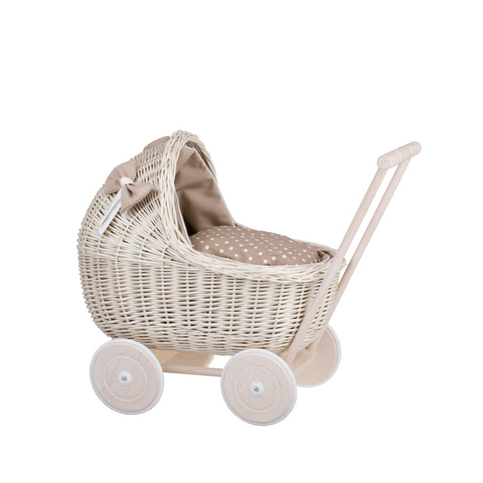 Lili wicker doll stroller with beige trim, blanket, and pillow