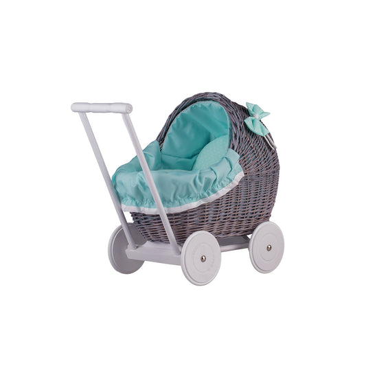 Lili wicker doll stroller with mint trim, blanket, and pillow