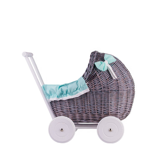 Lili wicker doll stroller with mint trim, blanket, and pillow