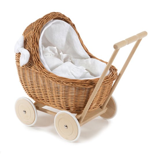 Desayer Rieten poppenwagen met witte afwerking, dekentje, kussentje en handvat