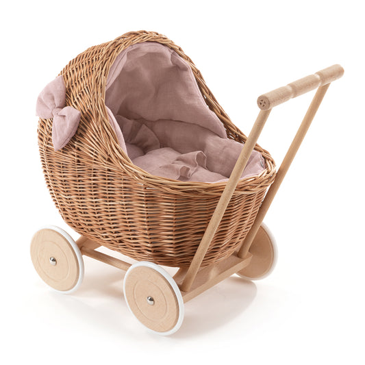 Desayer wicker doll stroller with pink trim, blanket, and pillow