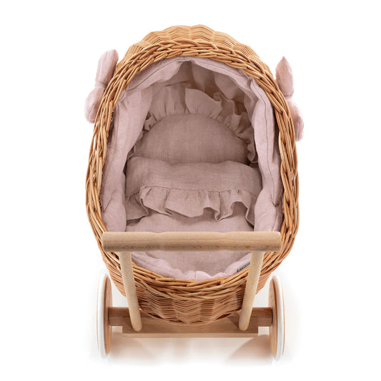 Desayer wicker doll stroller with pink trim, blanket, and pillow