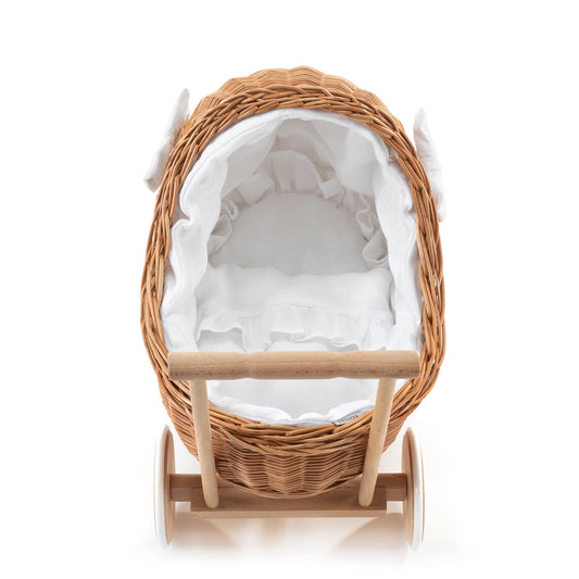 Desayer Rieten poppenwagen met witte afwerking, dekentje, kussentje en handvat