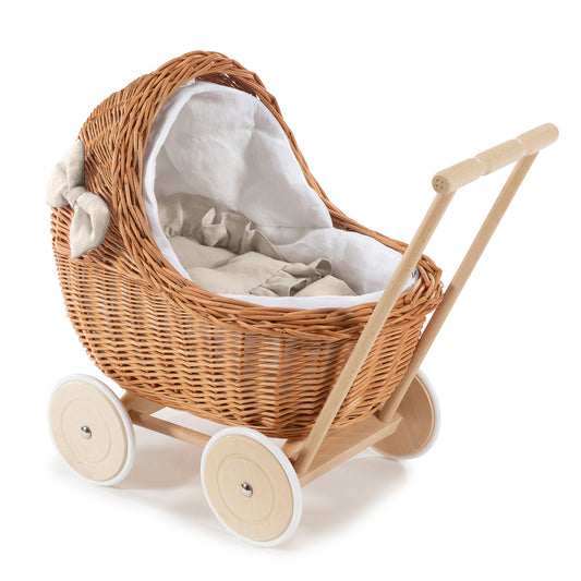 Desayer Rieten poppenwagen met witte voering, inclusief dekentje en kussentje en handvat