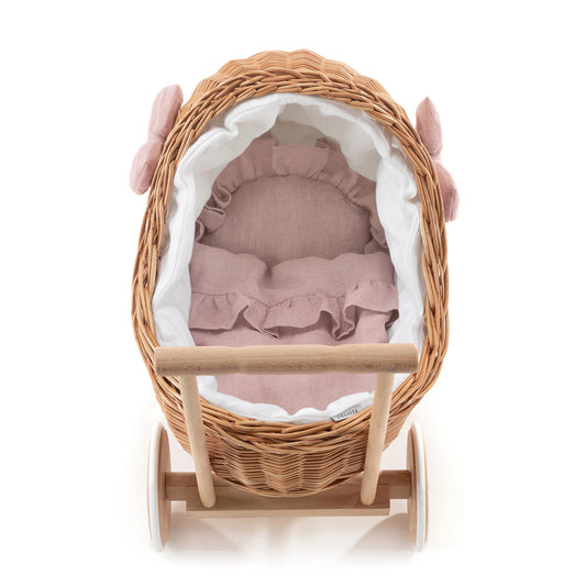 Desayer Rieten poppenwagen van wilgentenen met roze bies, inclusief dekentje en kussentje, voorzien van handvat en stille wielen