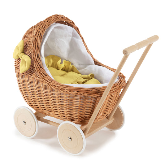 Desayer Handgemaakte rieten poppenwagen met witte afwerking, dekentje en kussentje