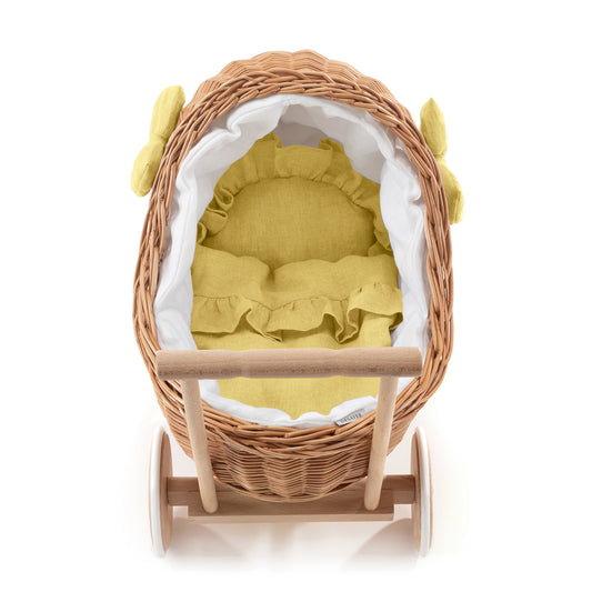 Desayer Handgemaakte rieten poppenwagen met witte afwerking, dekentje en kussentje
