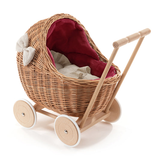 Desayer Rieten poppenwagen met rode bies, inclusief dekentje en kussentje, met handvat