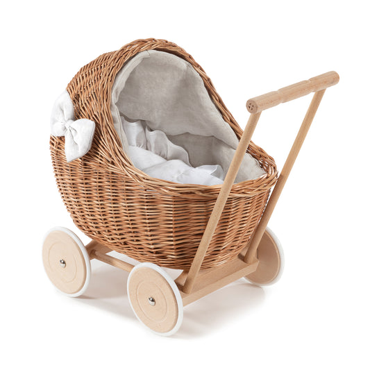 Desayer Handgemaakte rieten poppenwagen met witte afwerking, dekentje en kussentje