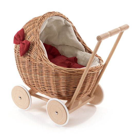 Desayer Rieten poppenwagen met rode bies, inclusief dekentje en kussentje