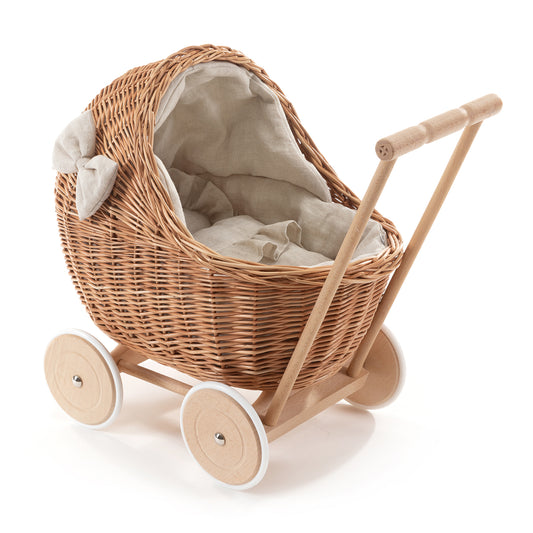 Desayer rieten poppenwagen met beige bekleding, handvat, kussentje en dekentje