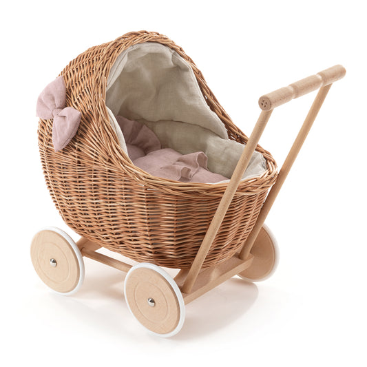 Desayer Rieten poppenwagen met roze bies, inclusief handvat, kussentje en dekentje