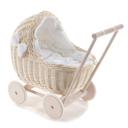 Desayer Rieten poppenwagen met witte voering, inclusief dekentje en kussentje en handvat