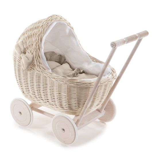 Desayer Rieten poppenwagen met witte voering, inclusief dekentje en kussentje en handvat