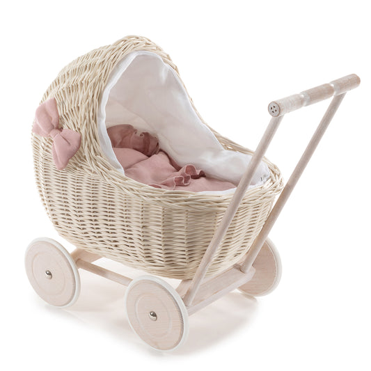 Desayer Rieten poppenwagen met linnen afwerking en roze beddengoed voor poppen, inclusief dekentje, kussentje en handvat