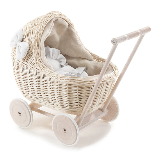 Desayer Rieten poppenwagen met beige linnen afwerking, inclusief handvat, dekentje en kussentje.