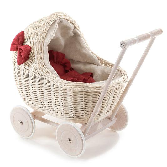 Desayer Rieten poppenwagen met linnen afwerking en rood beddengoed, met handvat, dekentje en kussentje
