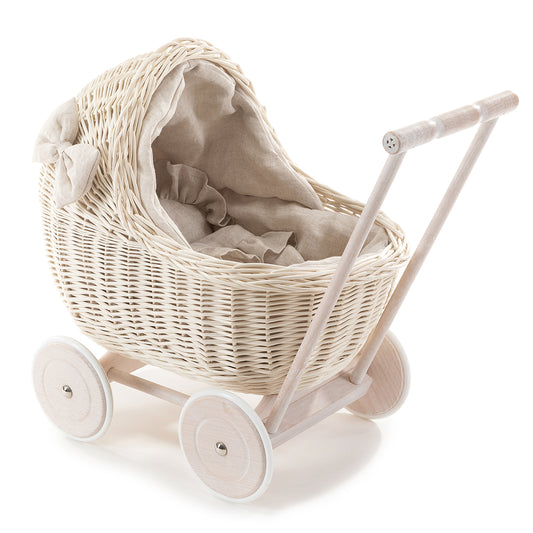 Desayer Rieten poppenwagen met crèmekleurige afwerking, dekentje en kussentje