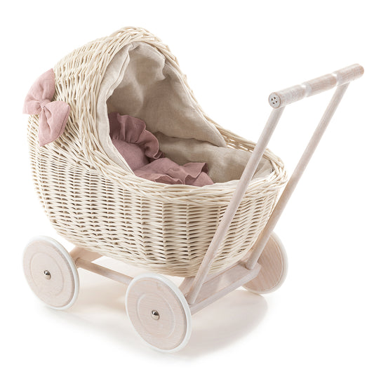 Desayer Rieten poppenwagen met roze bies, inclusief dekentje en kussentje, met handvat