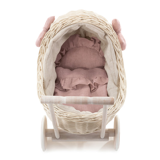 Desayer Rieten poppenwagen met roze bies, inclusief dekentje en kussentje, met handvat