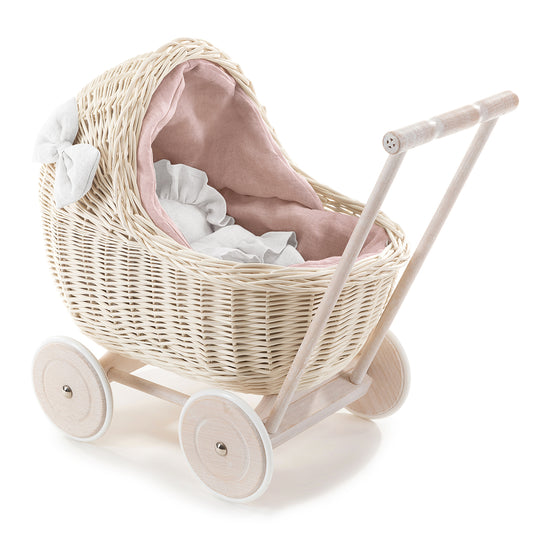 Desayer Rieten poppenwagen met roze bies, inclusief handvat, kussentje en dekentje