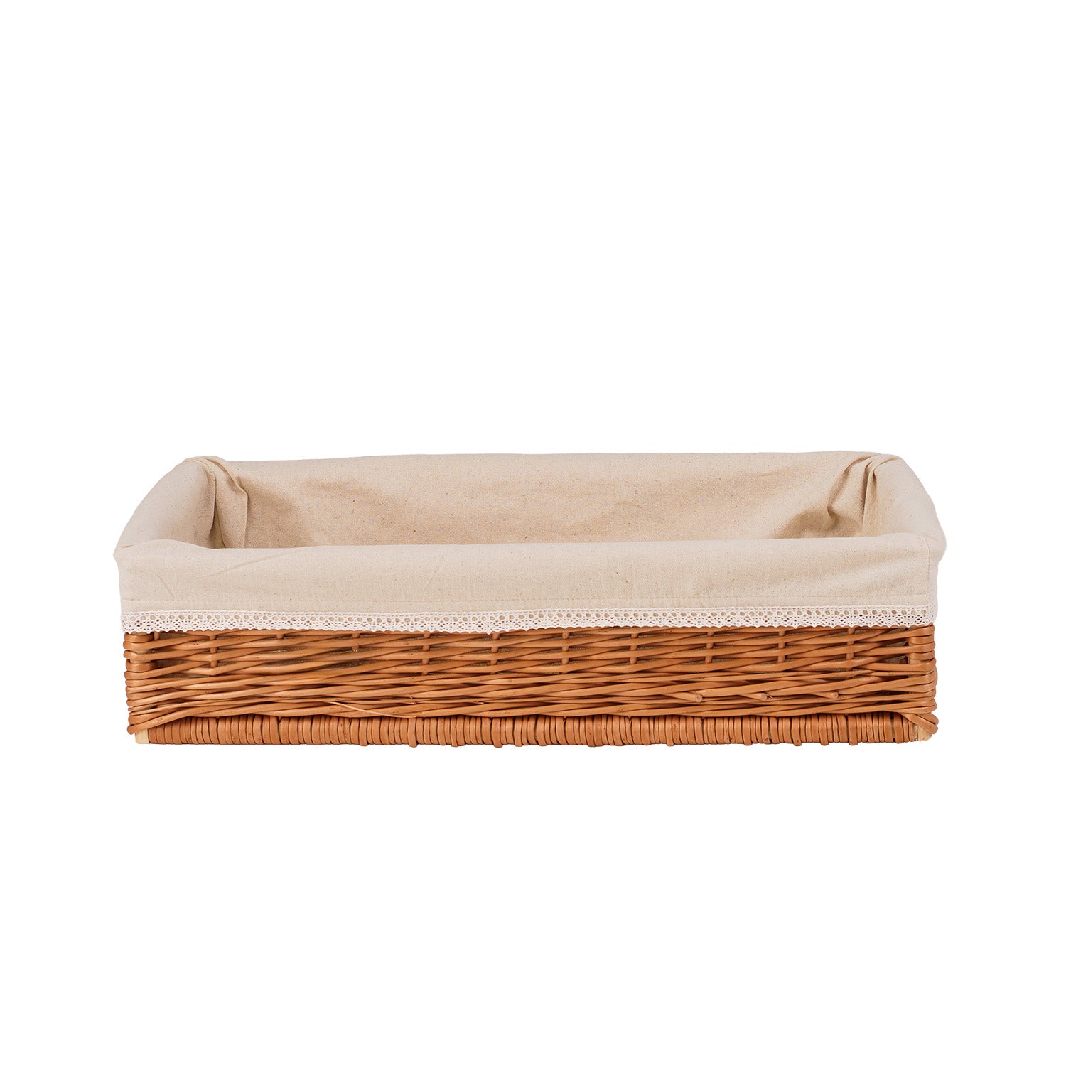 cassetta in vimini per esposizione di pane e frutta con bordatura beige - cesta