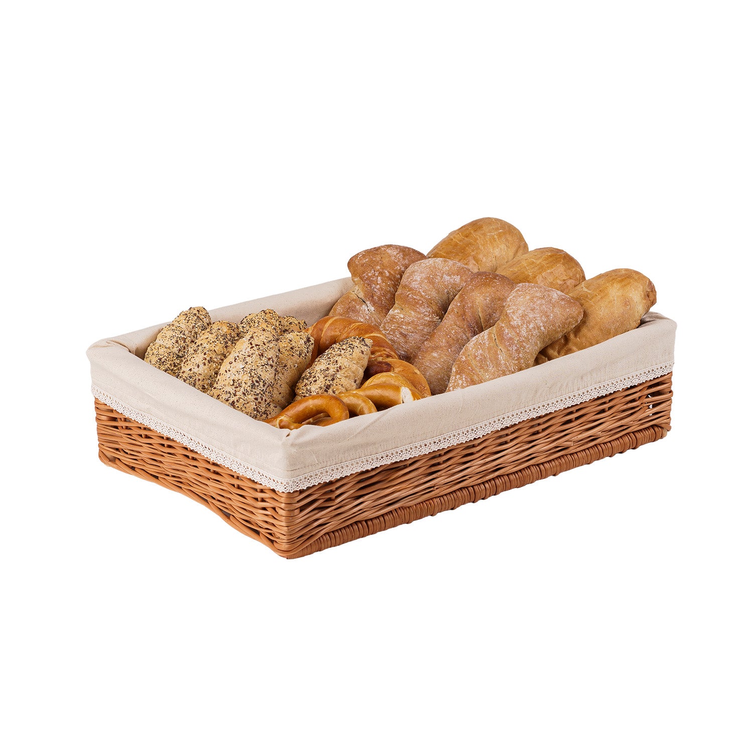 cassetta in vimini per esposizione di pane e frutta con bordatura beige - cesta