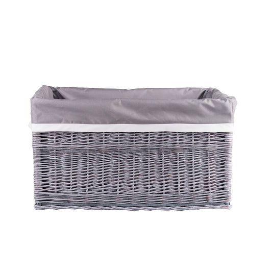 wicker toy storage basket with gray trim