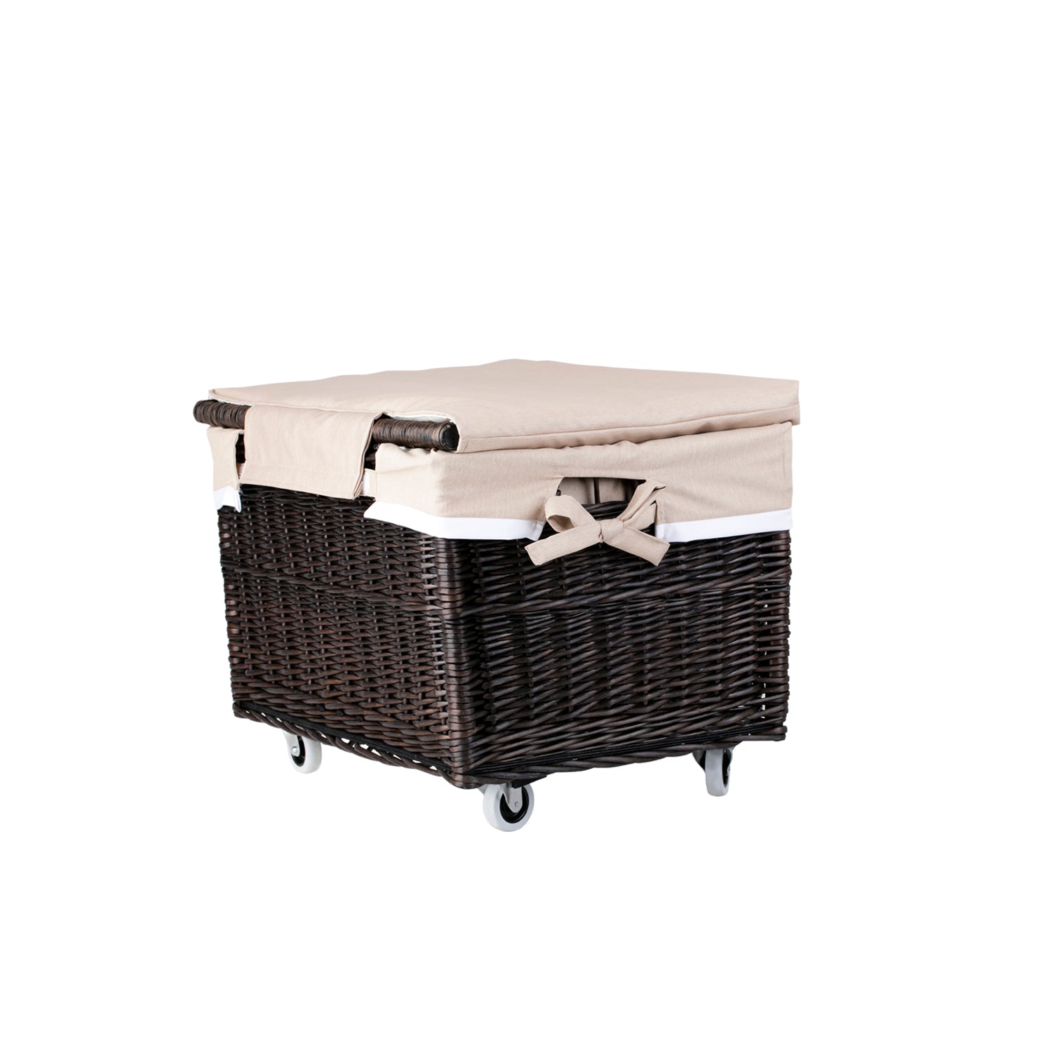 flätad förvaringskorg med beige kant och hjul