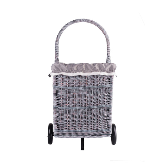 Solette panier en osier pour cheminée avec doublure grise, roulettes et poignée