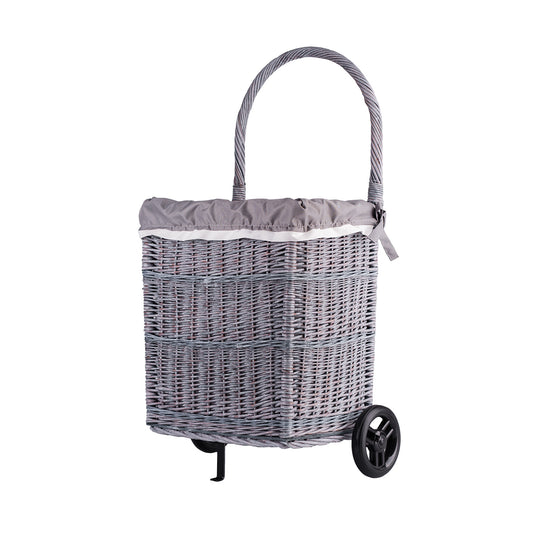 Solette panier en osier pour cheminée avec doublure grise, roulettes et poignée